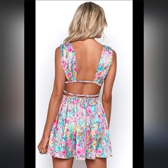 Beginning Boutique Floral Pastel Blue Pink Yellow Dopamine Rainbow Mini Dress 4 - Picture 5 of 5